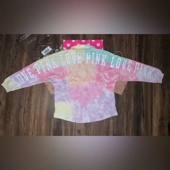 NEW VS PINK Pastel Tie Dye Quarter Zip Logo Varsity Sweatshirt. - Picture 3 of 11